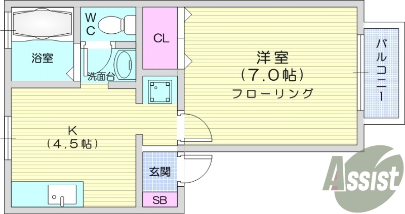 １K、洋室7帖、全室フローリング、エアコン、バルコニー付き
