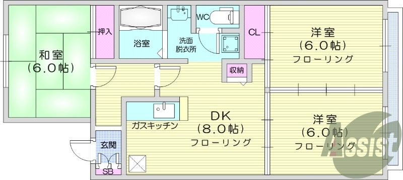 3DK、エアコン、室内洗濯機置、トイレ浴室別、収納