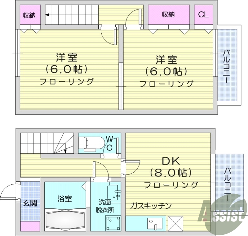 2DK、メゾネットタイプ、広々としたバルコニー