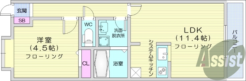 1LDK、バルコニー、浴室乾燥機、追い焚き給湯、西向き