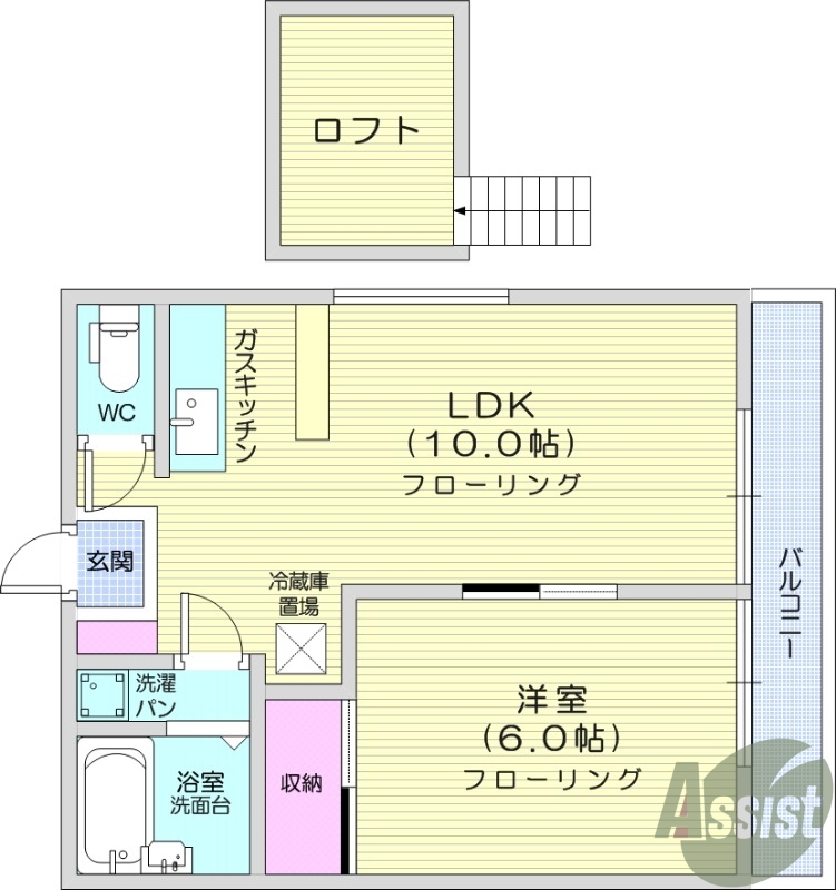 1K、ロフト付き、TV付インターホン、２口ガスコンロ