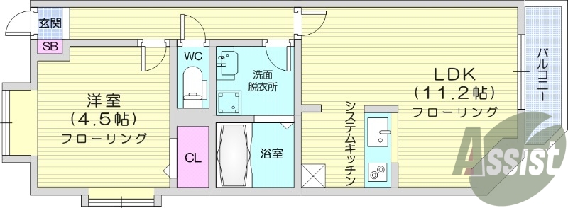 1LDK、バルコニー、浴室乾燥機、追い焚き給湯、西向き
