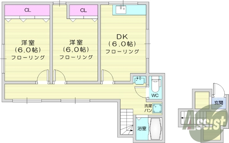 2DK、室内洗濯機置場、トイレ浴室別、収納、独立洗面台