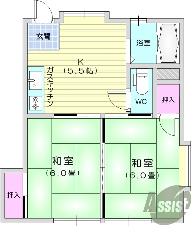 2DK、温水洗浄便座、エアコン、室内洗濯機置き場
