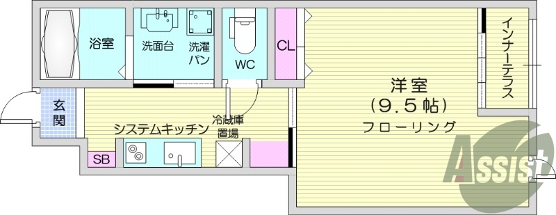 1K、インターネット無料、インナーテラス。