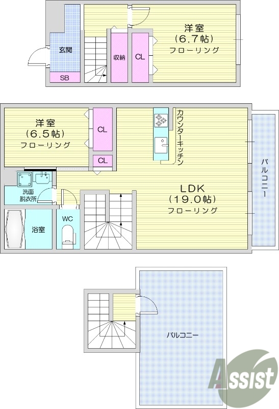 ２LDK、都市ガス、エアコンメゾネット、オートロック