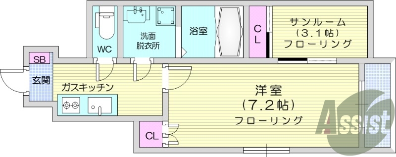 1SK、浴室乾燥機、追い焚き、洗面台独立、エアコン