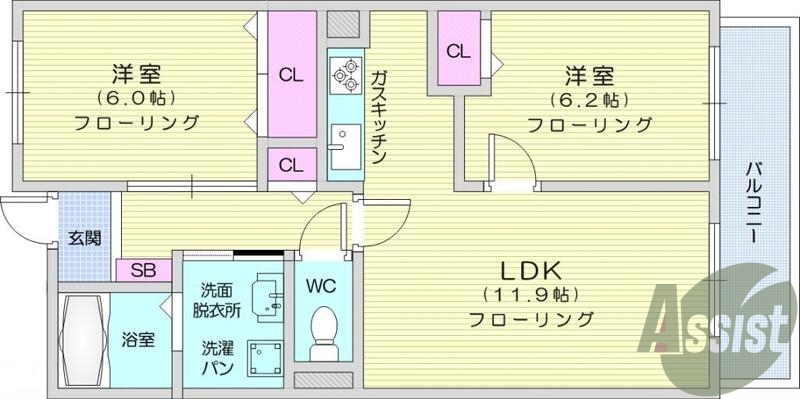２ＬＤＫ、オール洋間、独立キッチン、セパレート、追炊き