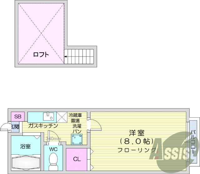 1K、ロフト、エアコン、バス・トイレ別、シューズボックス