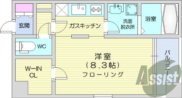 1K　角部屋　バストイレ別　IHコンロのシステムキッチン