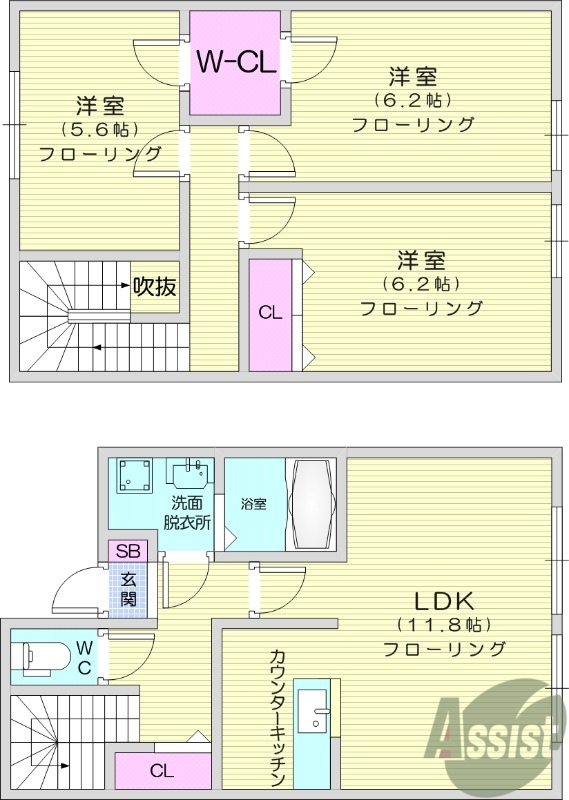 3LDK、フローリング、追い焚き、専用庭、南向き
