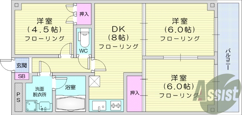 3DK、2階、トイレバス別、モニター付きインターフォン