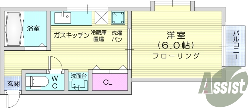 1DK、南向き、バストイレ別、室内洗濯機置場
