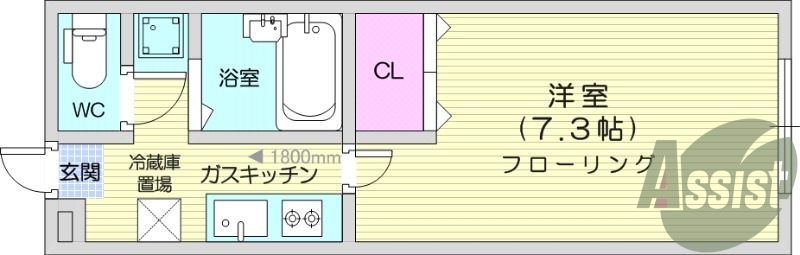 1K、バス・トイレ別、ガスコンロ設置済み、TVインターホン。