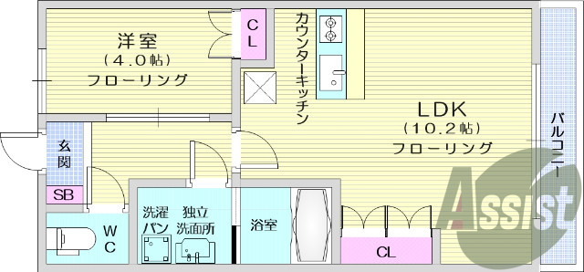 １LDK、フローリング、エアコン、クローゼット、バルコニー