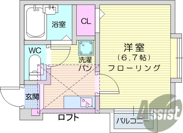 1K、ロフト付き、バストイレ別、モニターホン