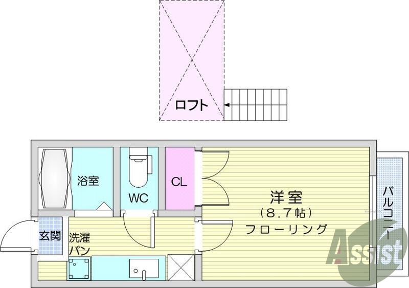 1Ｋ、エアコン、室内洗濯機置場、トイレ浴室別、クローゼット
