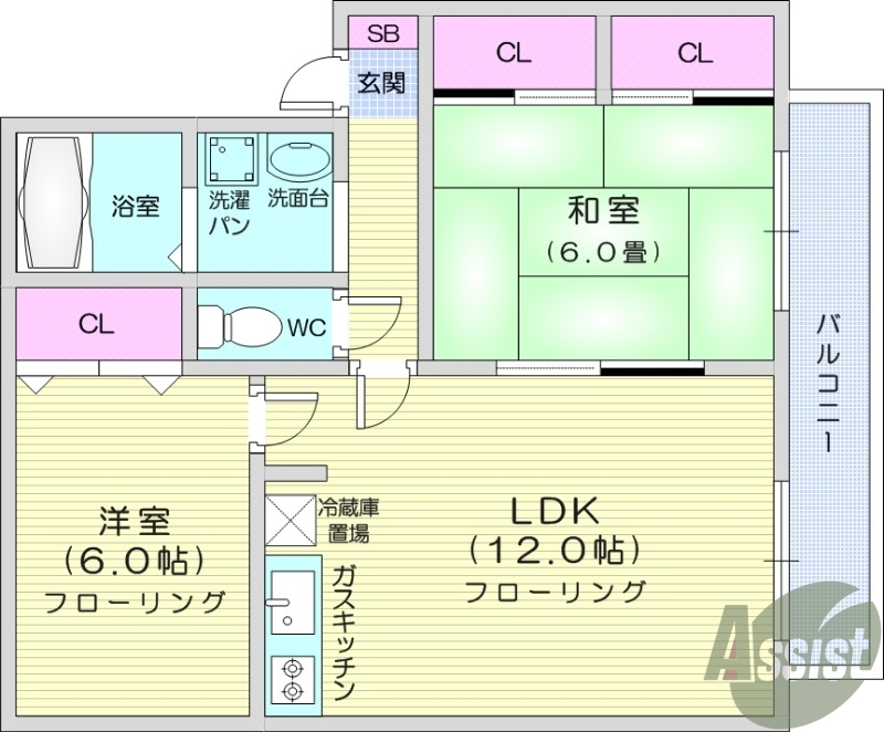 2LDK、エアコン、バストイレ別、モニター付きインターホン