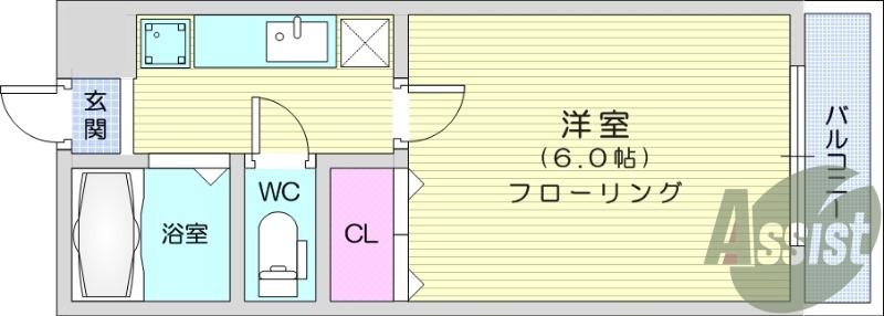 １K、バス・トイレ別、バルコニー、南向き、フローリング