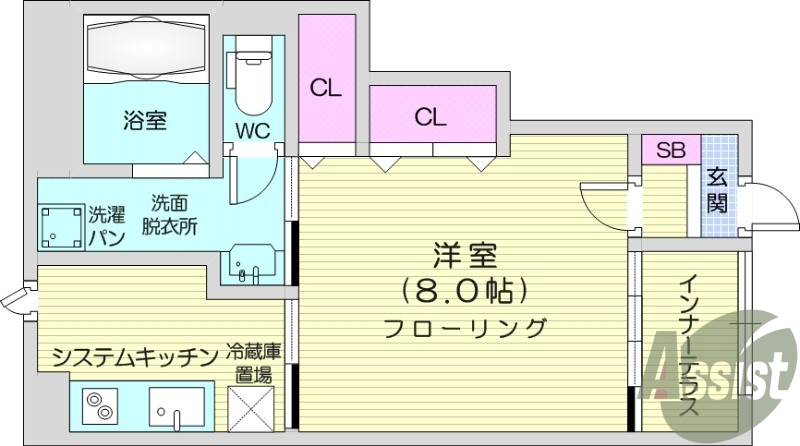 1K、ペット飼育可能、インナーテラス、エアコン。