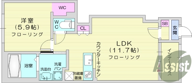 1LDK、インターネット無料、インナーテラス。