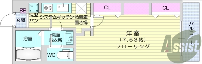 1K、浴室乾燥機、エアコン、バルコニー。