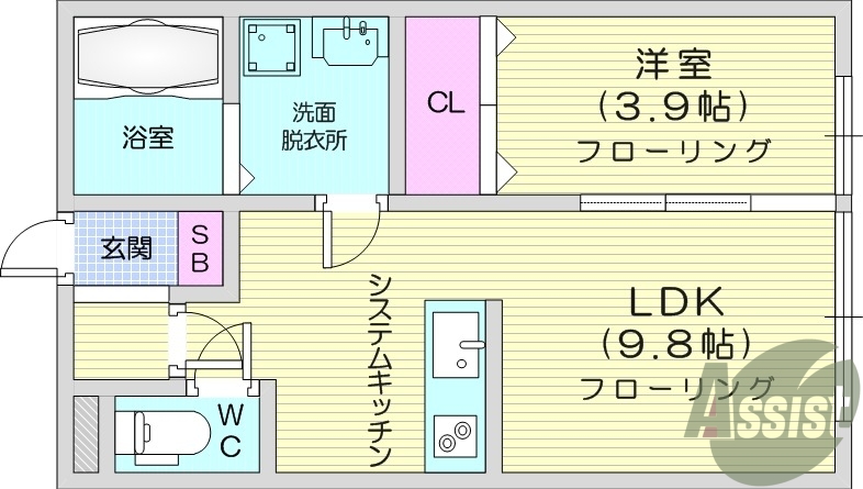 1LDK、浴室乾燥機、フローリング、都市ガス！