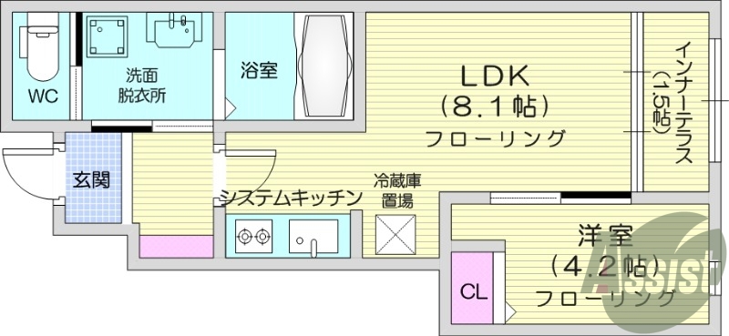 1LDK、インターネット無料、浴室乾燥付き