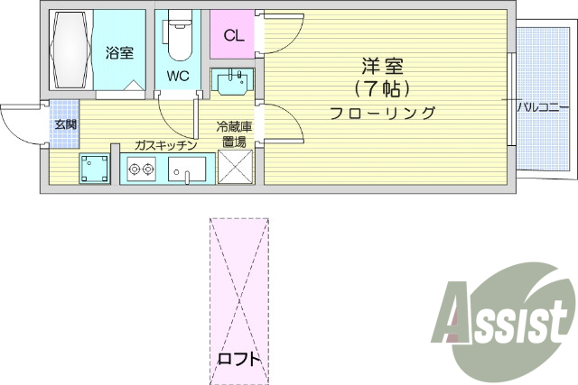 1Ｋ　陽当たり良好　バストイレ別　バルコニー　ロフト