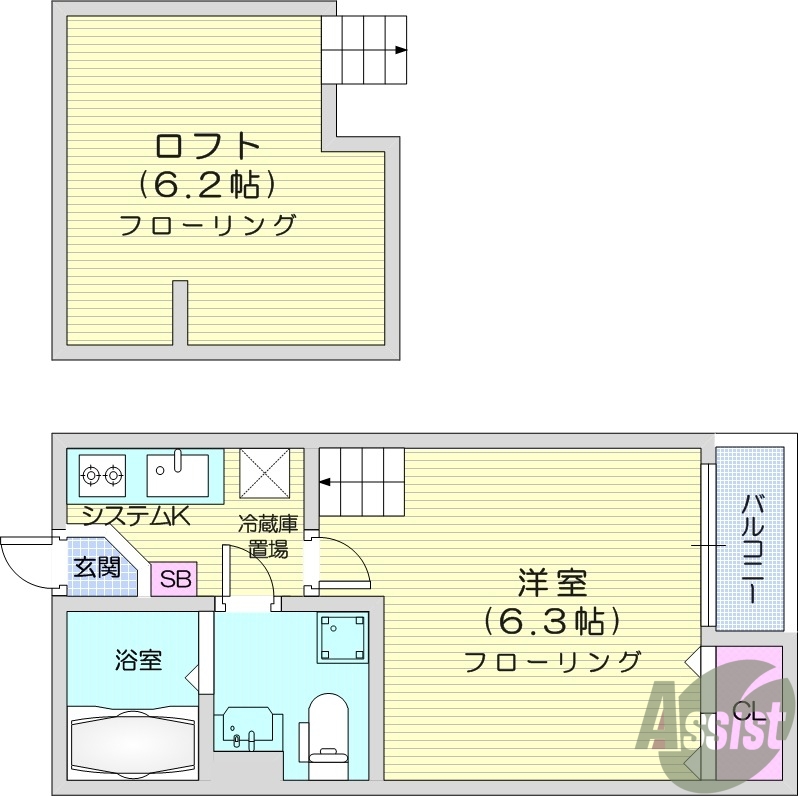 1K、ロフト、独立洗面台、バルコニー、ウォシュレットトイレ