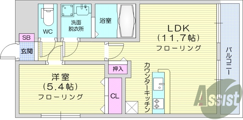 1LDK、バルコニー付き、独立洗面化粧台、バストイレ別