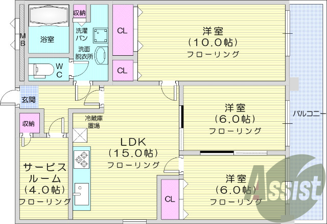 写真は別号室です。バルコニー、洗面所独立、洗濯機置き場室内