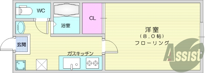 1K、エアコン、フローリング、独立洗面台、シューズボックス