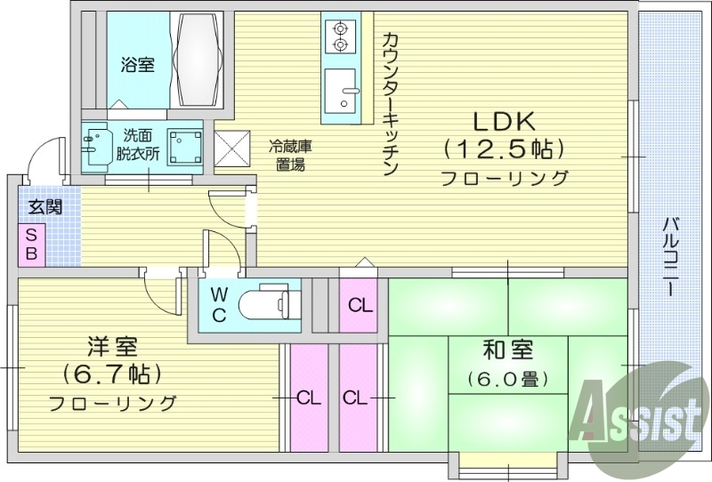 ２LDK、カウンターキッチン、角部屋、TVインターホン
