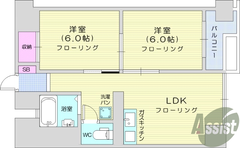 2DK、都市ガス、バストイレ別、洗面台独立