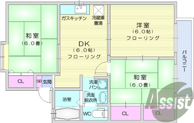 3DK、南向き、追い焚き機能、独立洗面台、エアコン