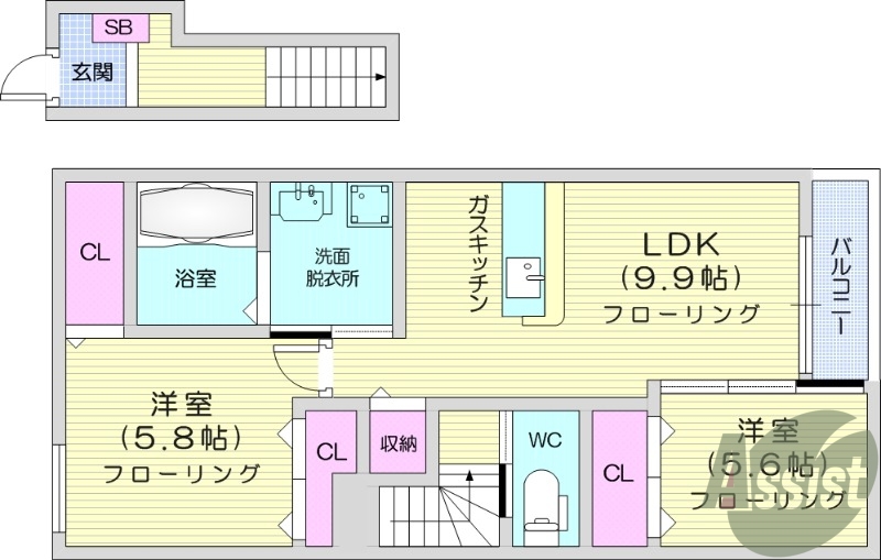 2LDK、浴室乾燥、一坪風呂、独立洗面、セコム
