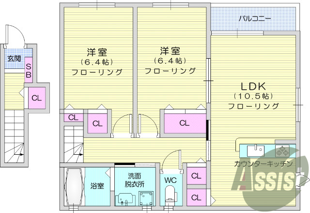 ２ＬＤＫ、カウンターキッチン、クローゼット、セパレート