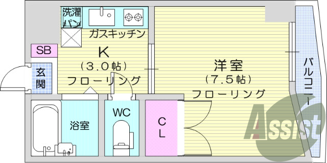 １K、南東向、バストイレ別、シューズボックス、室内洗濯機置場