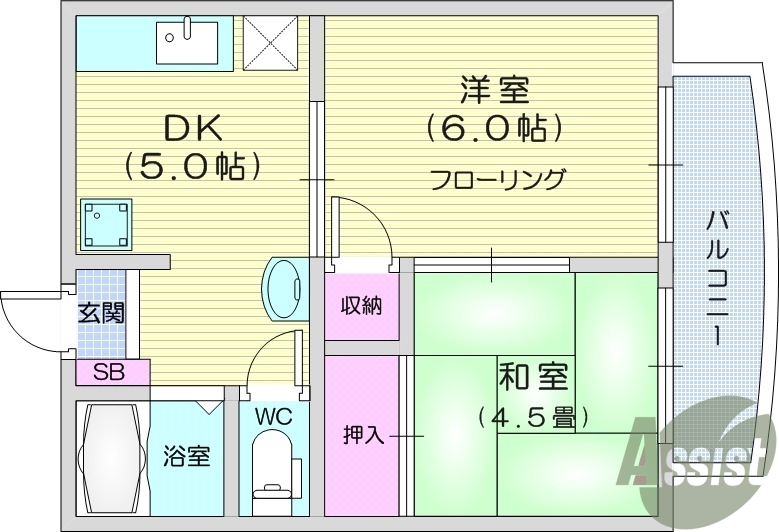 2DK、エアコン、室内洗濯機置き場、トイレ浴室別、収納