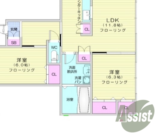 2LDK、TVインターホン、洗髪洗面化粧台、全室エアコン付き