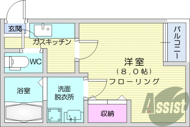 1K、エアコン、バストイレ別、洗面所、洗面台