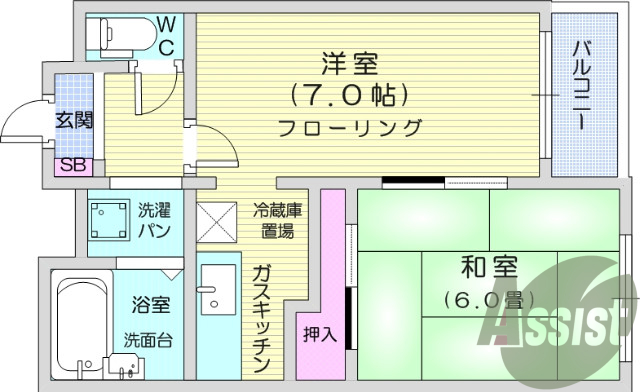 2K、和室、ガスキッチン、室内洗濯機置き場、バストイレ別