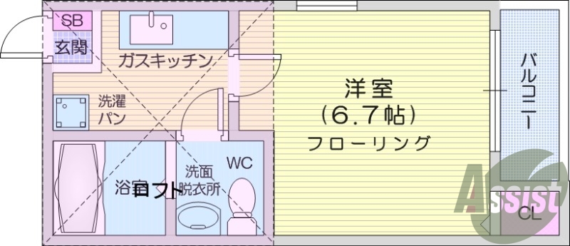 1K、バストイレ別、ロフト付き、室内洗濯機置き場、エアコン