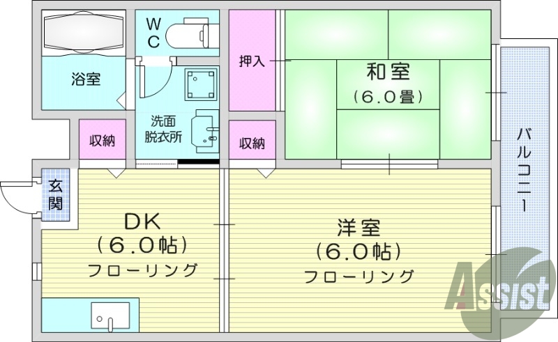 2DK、都市ガス、バストイレ別、温水洗浄便座