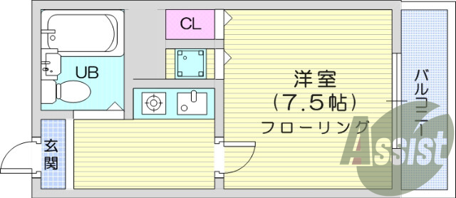 1K、東向き、バス・トイレ別、エアコン、バルコニ、ガスコンロ