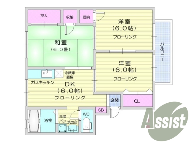 3DK、日当たり良好、エアコンあり、収納充実