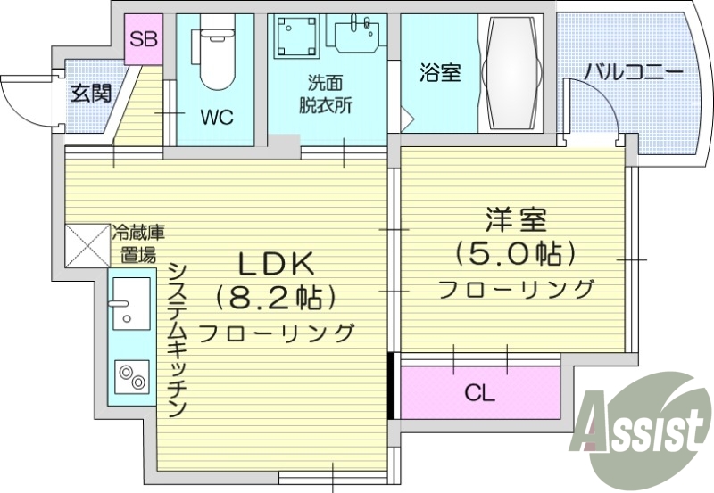 1LDK、システムキッチン、浴室乾燥、エアコン。