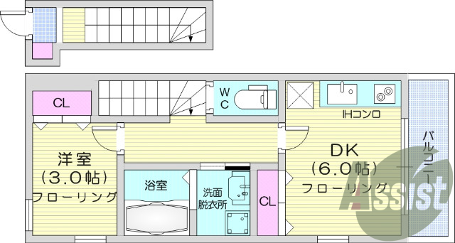 1DK、IHクッキングヒーター、追い焚き、洗面化粧台