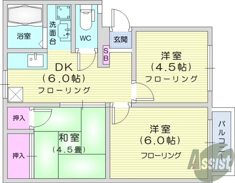 3DK、バストイレ別、エアコン、室内洗濯機置場